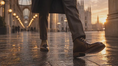 A person wearing dark leather shoes walks across a wet square near Milan Cathedral.